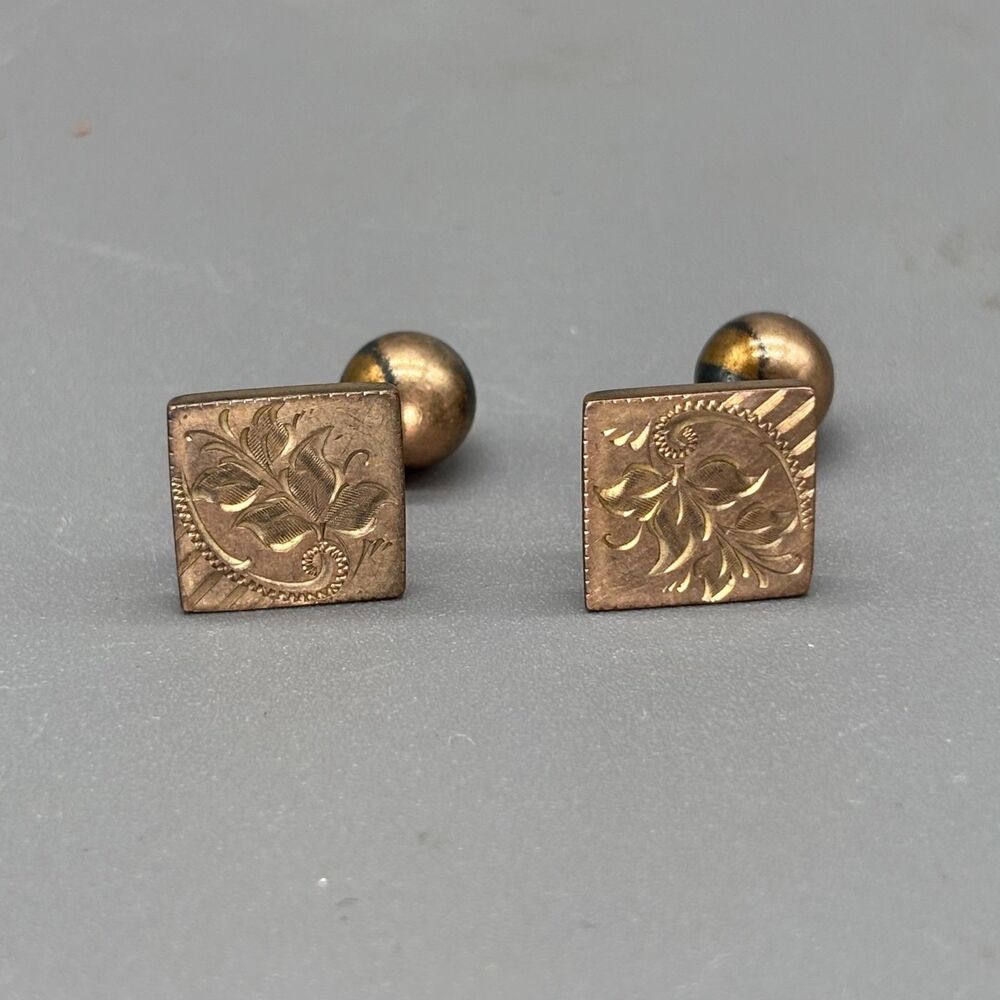 Antique Victorian Engraved Copper Gold Tone Cufflinks Square Floral Scroll